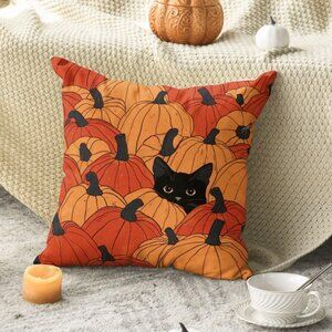 Fall Pumpkins Black Cat Throw Pillow Cover – 18"x18", Seasonal Autumn